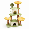 Árbol para gatos de 3 niveles con flores de tela y casa de juego en verde y amarillo
