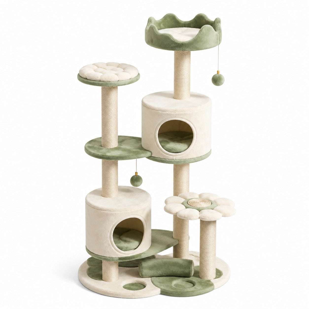 Árbol para gatos de niveles múltiples en tela de felpa y sisal verde y beige
