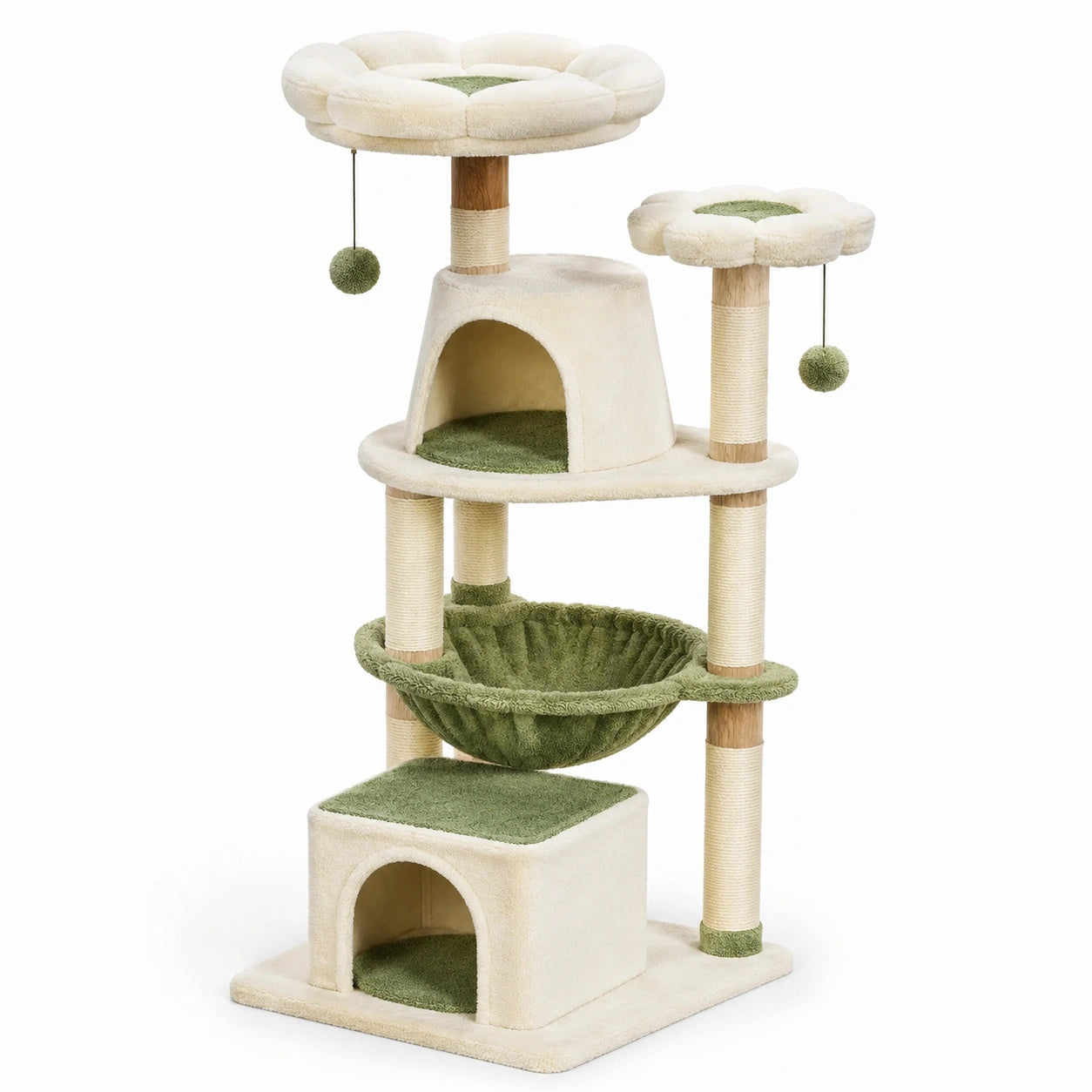 Árbol para gatos de múltiples niveles con plataformas de felpa y postes de sisal, beige/verde, 140 cm