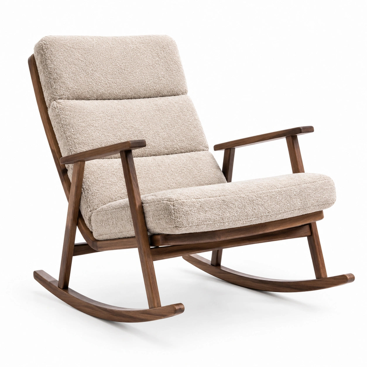 Sillón mecedora de madera y tela boucle crema