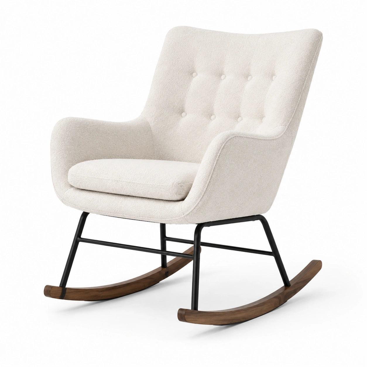 Mecedora de poliéster beige con estructura de metal y balancines de madera de nogal