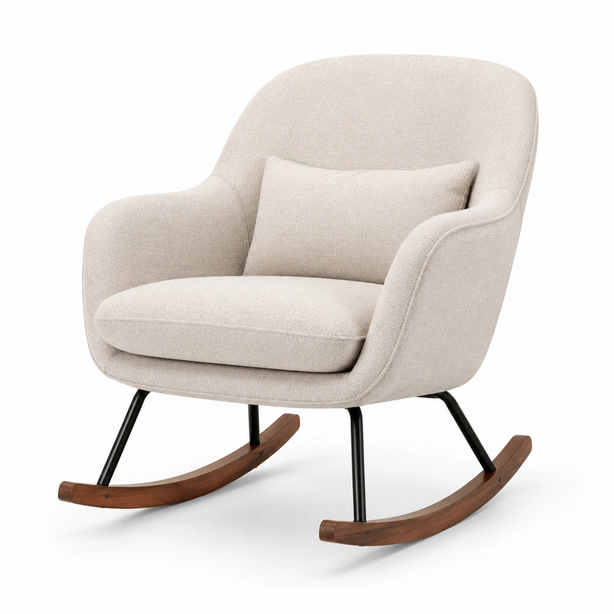 Mecedora de poliéster beige con estructura de metal y base de madera