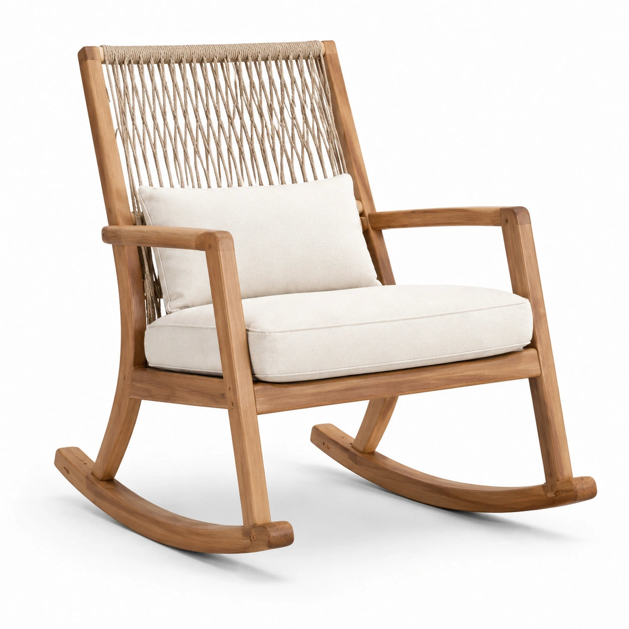 Mecedora de madera de teca con cojín de lino beige