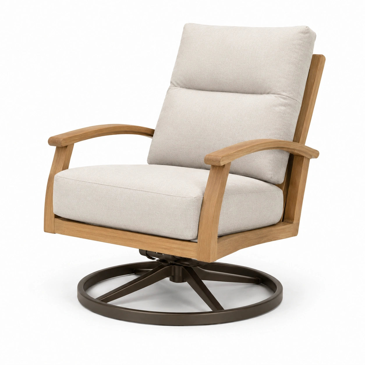 Silla giratoria de madera y metal con cojines de tela beige