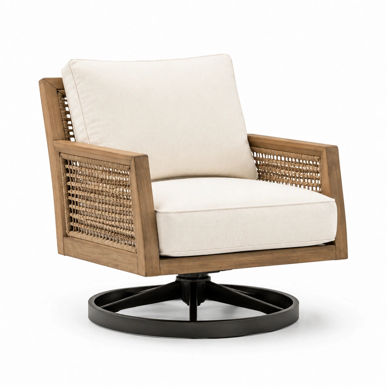 Silla giratoria de madera con mimbre y cojines de poliéster beige