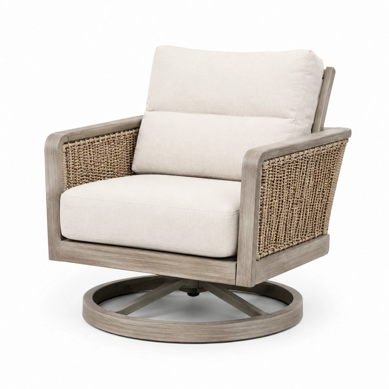 Silla giratoria de mimbre y madera con cojín beige