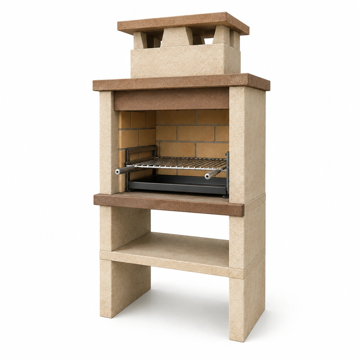 Barbacoa de ladrillo refractario beige con parrilla de acero inoxidable