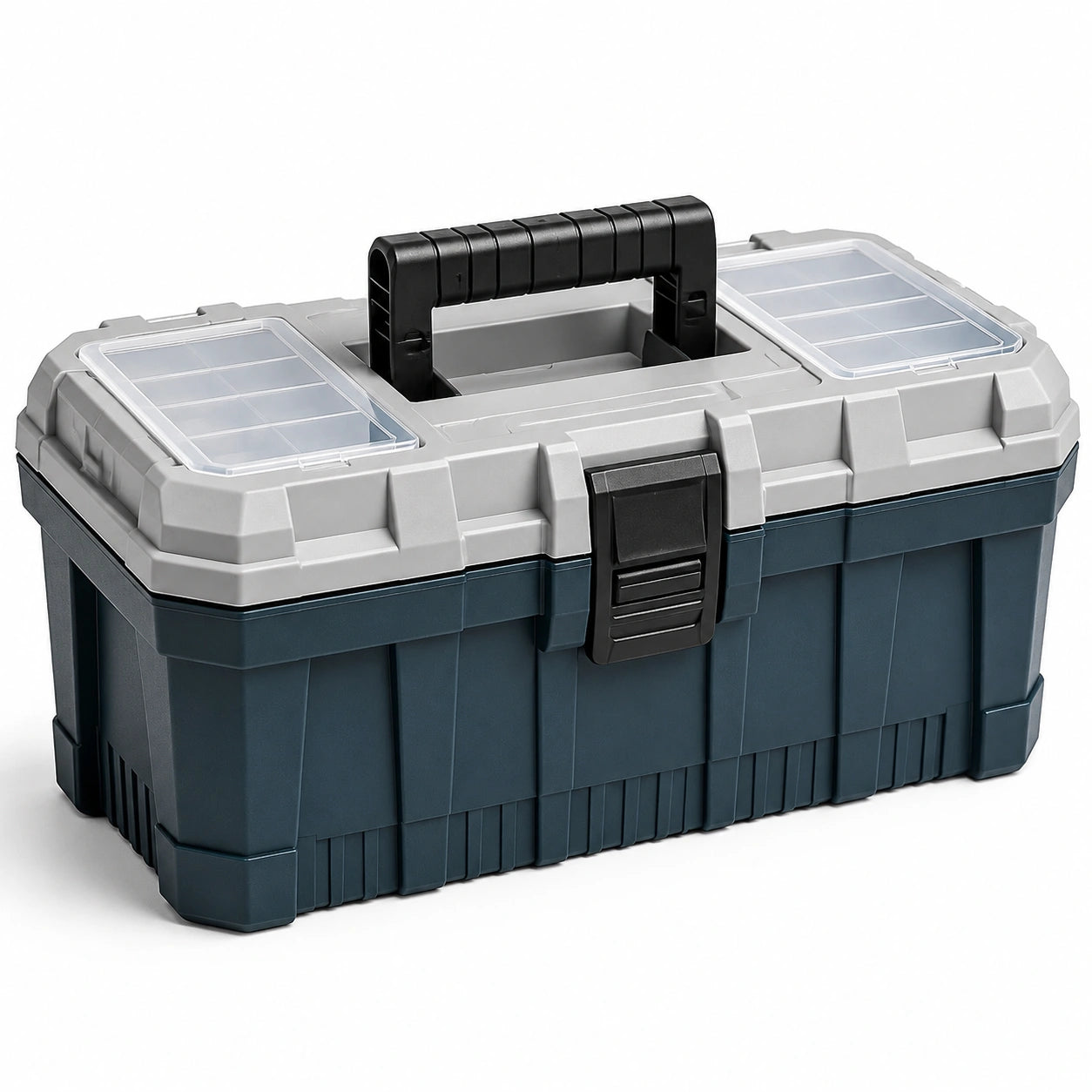 Caja de herramientas de plástico negro y gris con compartimentos organizadores 45x25x22cm