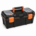 Caja de herramientas de plástico negro con organizadores de policarbonato y broches naranjas, 40x22x20 cm