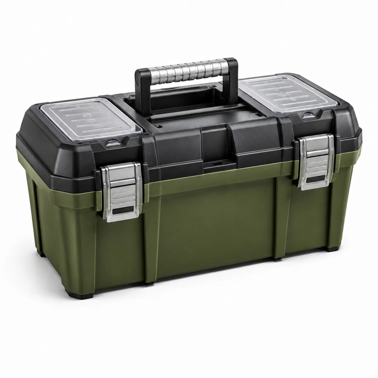 Caja de herramientas de polipropileno verde y negro con cierres de acero 45x25x22 cm