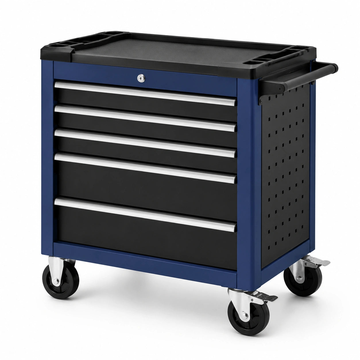 Carro de herramientas metálico azul y negro con 5 cajones