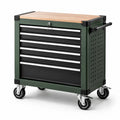 Carro de herramientas de acero con superficie de madera, verde y negro, 6 cajones