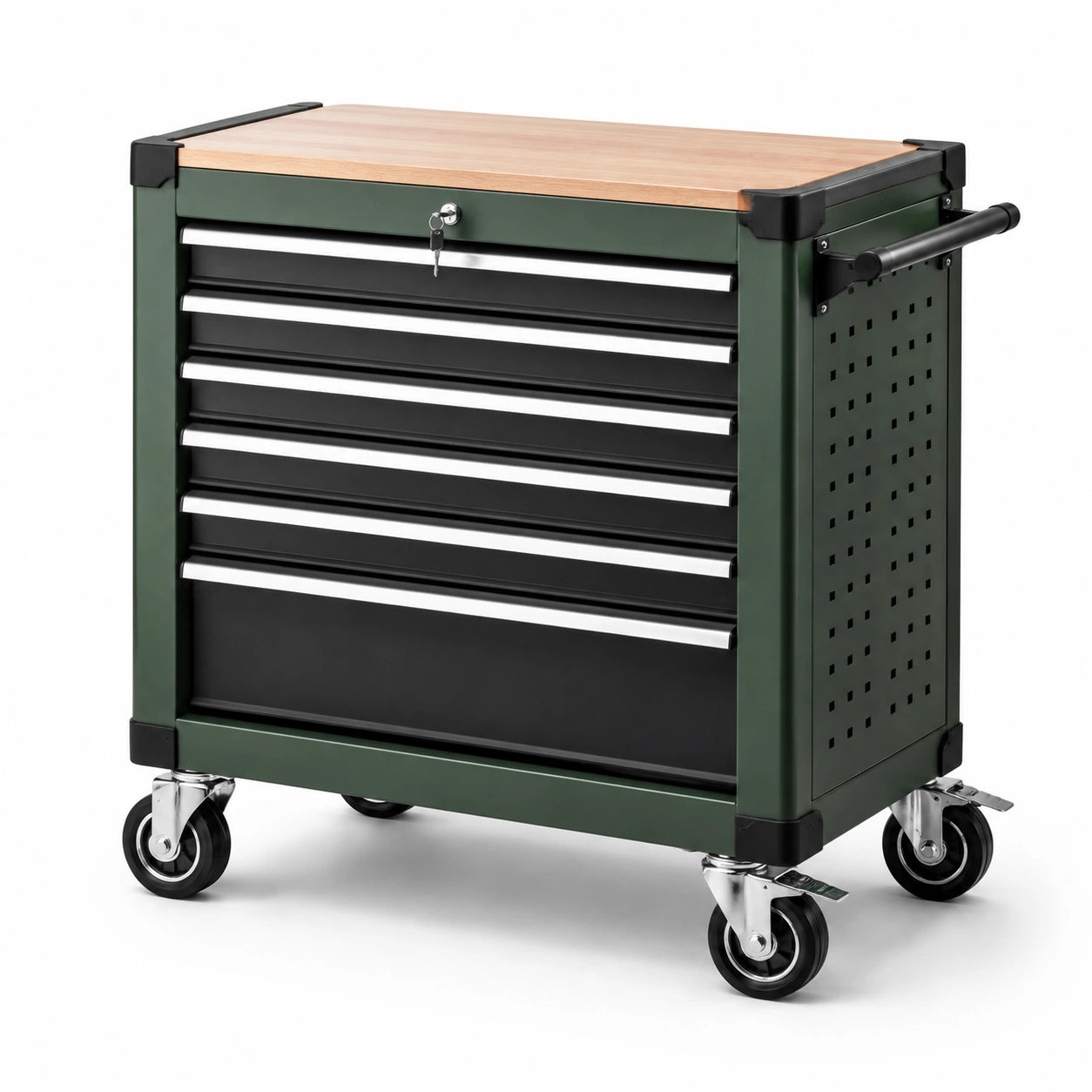 Carro de herramientas de acero con superficie de madera, verde y negro, 6 cajones