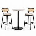 Juego de mesa de bar redonda de piedra y sillas de metal negro y mimbre