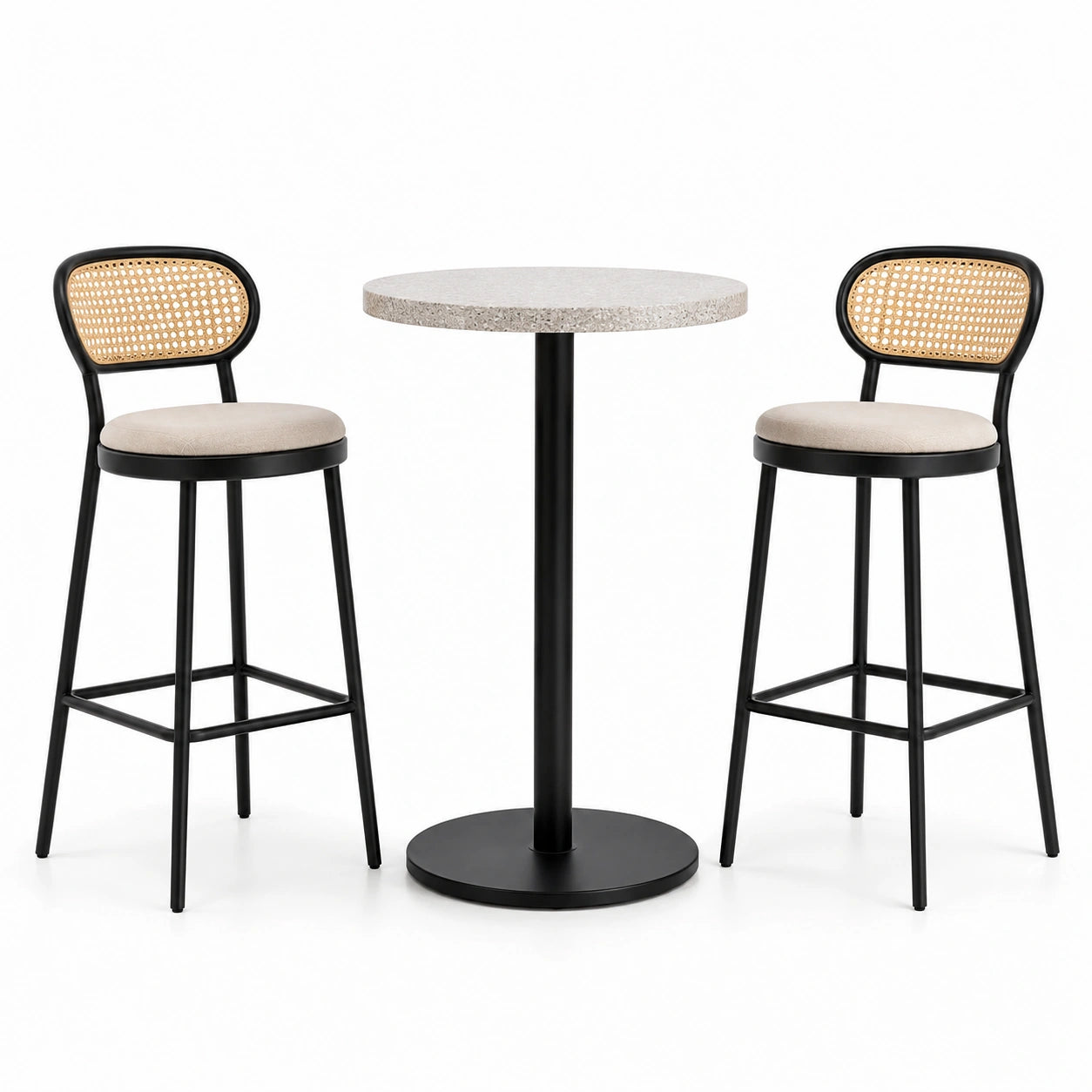 Juego de mesa de bar redonda de piedra y sillas de metal negro y mimbre