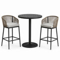 Conjunto de mesa de bar de aluminio negro con sillas de cuerda y cojines grises