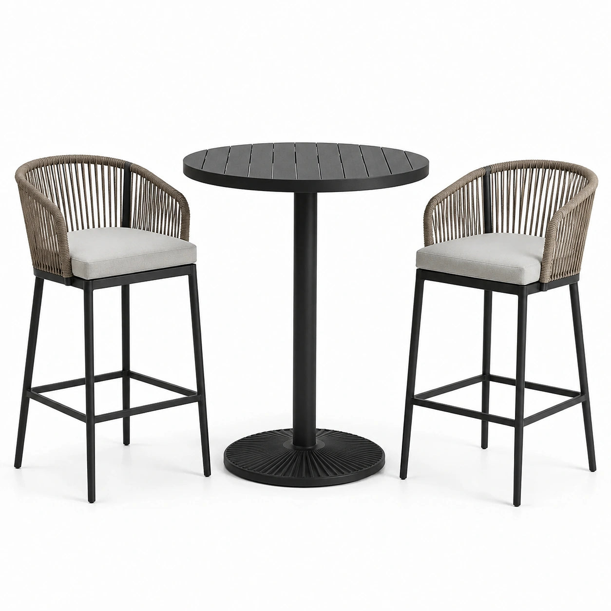 Conjunto de mesa de bar de aluminio negro con sillas de cuerda y cojines grises