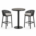 Conjunto de bar con mesa redonda y taburetes de metal y cuerda