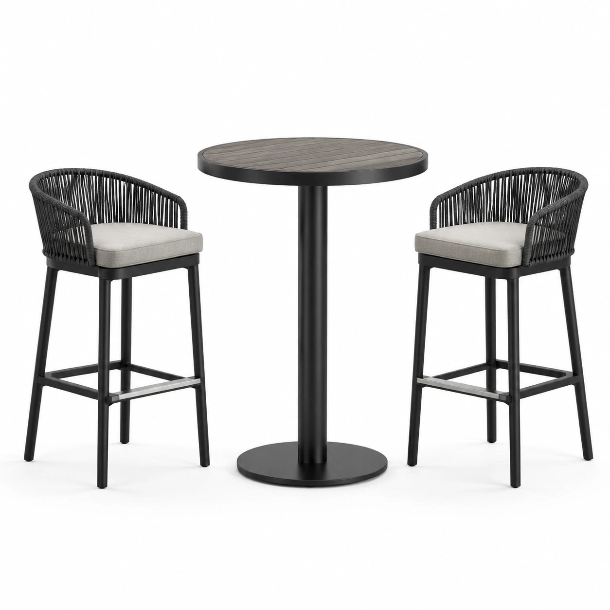 Conjunto de bar con mesa redonda y taburetes de metal y cuerda