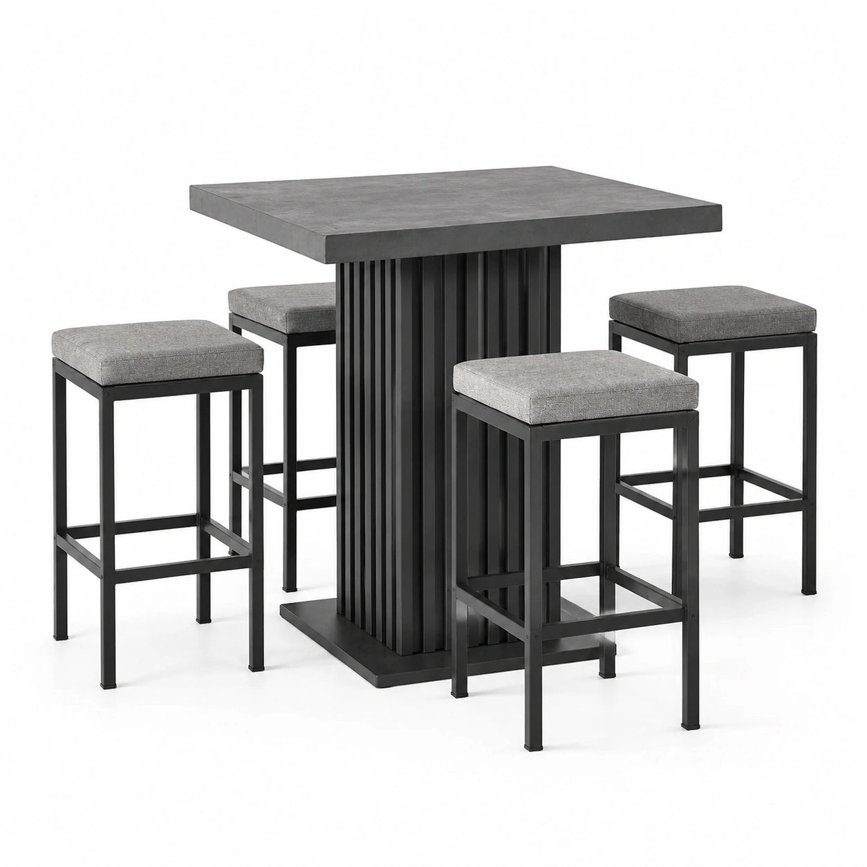 Conjunto de bar con mesa de MDF negra y taburetes de metal con cojines de poliéster gris