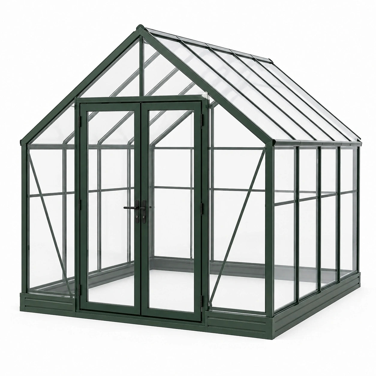 Invernadero de aluminio con vidrio templado y estructura verde